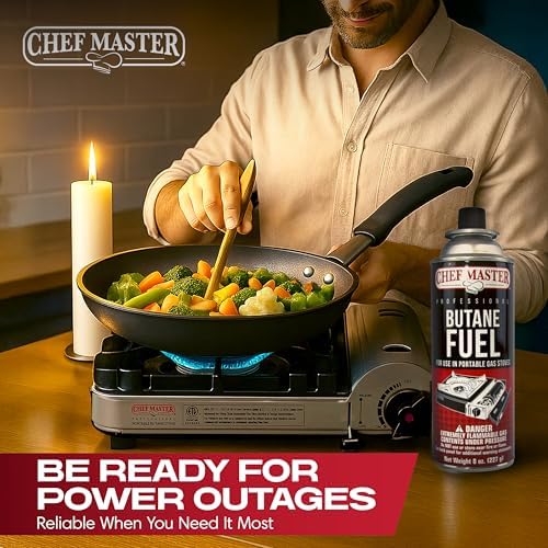 Chef Master 72x 8oz Butane Fuel Canister - Butane Torch Refill & Camp Stove Fuel - Gas Canister for Picnics, Outdoor Cooking, Grilling - Camp Stove, Torch Fuel Camping Essentials - 90340 - size: Pack of 72