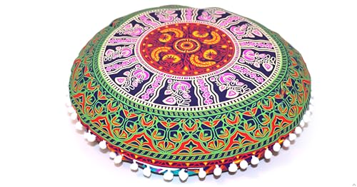 CRAFT KALA 22" Bohemian Floor Pillow Pouf Cover Mandala Boho Large Round Meditation Room Pillow Covers for Adults Seating Poufs Cushion Cover for Kids Playroom Multi 6 Color