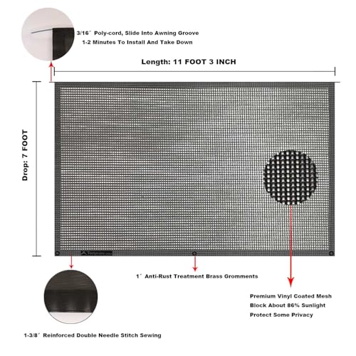 Tentproinc RV Awning Sun Shade Screen 7' X 11' 3'' (Fit fot 12' Awning) Mesh Sunshade UV Blocker Complete Kits Motorhome Camping Trailer Awning Sunscreen Screenshade - 3 Year Warranty (Black) - color: Black, size: 7' x 11'3'' -Actual Measurement