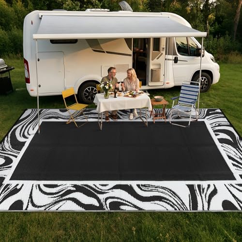 Garvee 10x14 Extra Large Black and White Outdoor Rug Waterproof Lightweight Deck Rugs Weather Resistant Plastic Straw Carpet Easy to Clean for Picnic, Porch, Camping, Balcony, Beach, Rv, Black White - color: Black White, size: 10' x 14' (Rectangular)