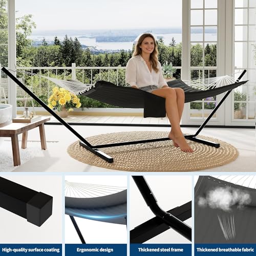 2 Person Double Hammock with Stand & Pillow, 450 LBS Heavy Duty Outdoor Hammock with Balance Rope for Patio Backyard Poolside