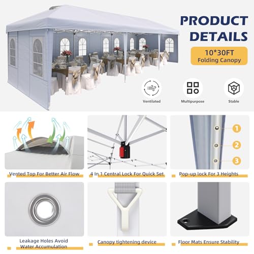 EROMMY 10x30 Heavy Duty Pop Up Canopy Tent with 8 Removable Sidewalls, Waterproof UV50+ Gazebo with Mosquito Netting, Easy Setup Instant Shelter for Backyard, Party, Wedding & Commercial Use, White - color: White, size: 10’x 30’