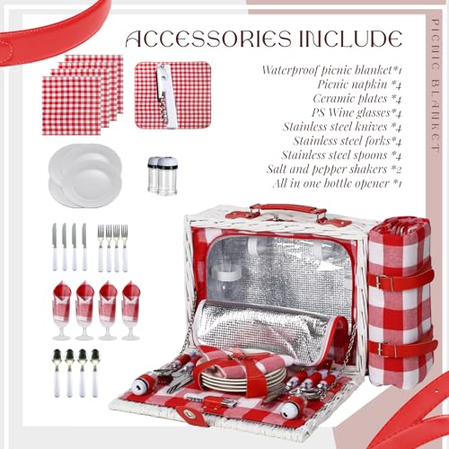 Picnic Baskets Wicker Willow Picnic Set for 4 Persons with Insulated Cooler Bag and Waterproof White Red Picnic Blanket Gift for Christmas Thanksgiving Wedding Birthday Camp Outdoor Beach Travel - color: White & Red