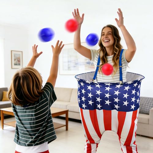 Patriotic Granny Pants Yard Game for Adult Independence Day Granny Pants Games American Flag Ring Toss Game with Pump,Blue&Red Balls 4th of July Party Toss Game for Families Yard Indoor Outdoor