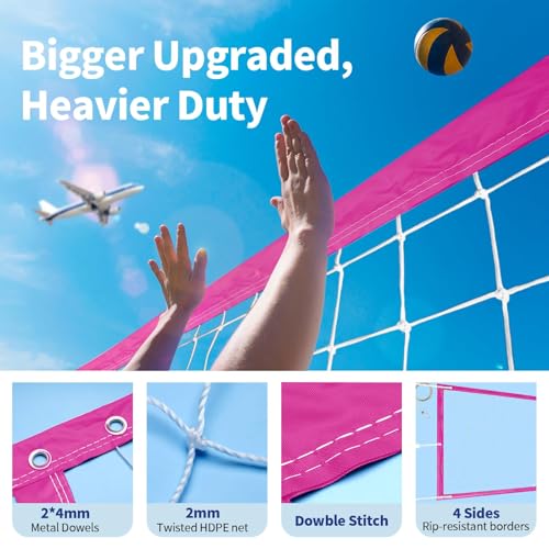 Professional Volleyball Net Outdoor Heavy Duty, All Weather Enhanced, Extended Stainless Steel Cable, Extra Thick Borders, for Backyard Beach Pool Indoor Outdoor- Regulation 32x3FT (Net Only) - color: Pink