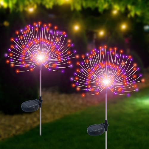 Slyuexu Solar Garden Lights Outdoor Waterproof, 2 Pack 120 LED Solar Firework Lights Decorative Garden Décor Outside for Flowerbed Pathway Party Halloween Christmas Decorations, Purple + Orange - color: Purple + Orange, size: 2 Pack