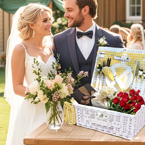 Picnic Basket Set for 4 with Waterproof Blanket Mat Insulation Bag Wicker White Yellow Light Fresh Gifts for Wedding Birthday Summer Camp Outdoor Camping Beach Travel Christmas Thanksgiving - color: Yellow Grid