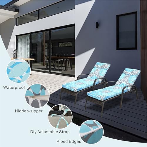 JMGBird 73" Outdoor Chaise Lounge Cushion - Waterproof Tri-Fold Patio Chair Cushion with Removable Cover, Thick Padded for Pool Garden Furniture - color: Light Blue With White