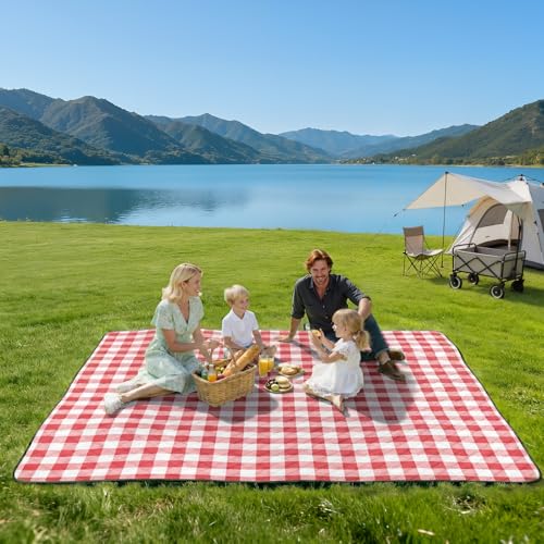 TigeJoy Extra Large Picnic Blanket Waterproof Foldable 80''x100'', Outdoor Picnic Mat Beach Blanket Sandproof for Park, Grass, Travel, Hiking, Camping Essentials, Gingham Picnic Blanket - color: Red, size: 8'4" x 6'8" (Rectangular)