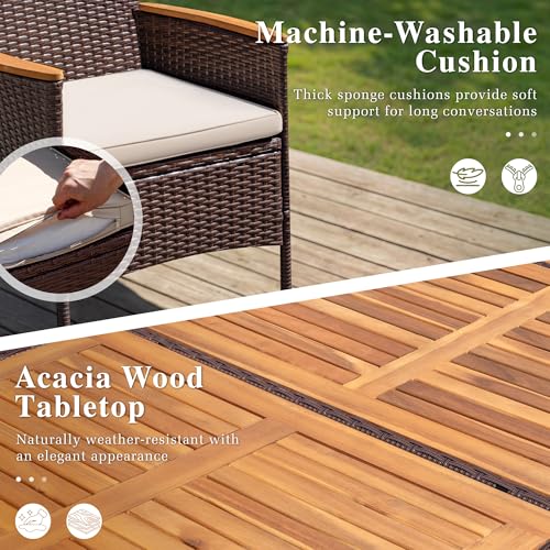Devoko Outdoor Patio Dining Sets 9 Pieces Wicker Outdoor Dining Table and Chairs Set with Acacia Wood Table Top and Widened Armrests for Backyard, Garden, Deck (Brown) - color: Brown, style: 9 Piece Dining Set