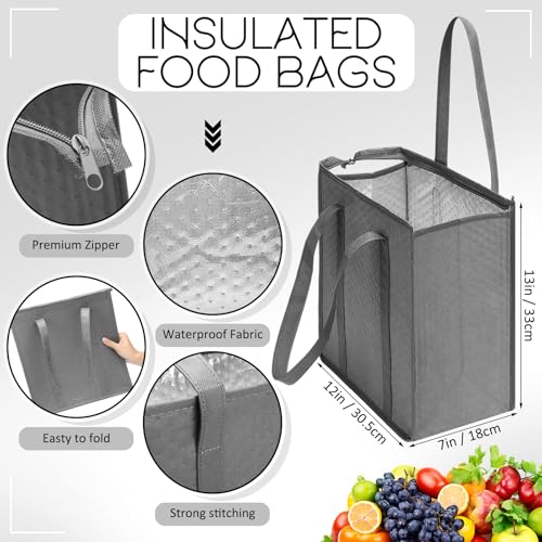 10 Pack Large Insulated Grocery Bags Reusable Shopping Bags with Zippered Top 13 x 12 x 7 Inch Thermal Cooler Totes Bulk with Handles for Hot Cold Food Delivery Refrigerator (Grey,Black) - color: Grey,Black