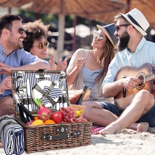Neti Neti Wicker Picnic Basket for 4 with Insulated Cooler & Waterproof Blanket – Large Willow Picnic Hamper for Outdoor, Camping, Beach, Romantic Dates, Valentine’s Day - color: Blue Stripe