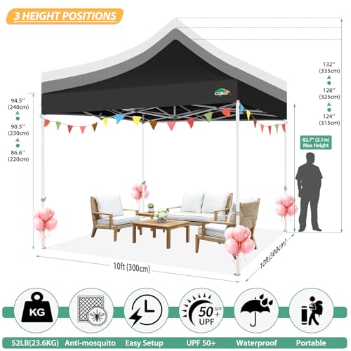 COBIZI 10x10 Canopy Tent with 4 Sidewalls,Heavy Duty Pop up Canopy with Mosquito Netting,Easy up Screen Tent for Parties Wedding Outdoor Camping with Handbag,Black - color: Black, size: 10x10FT(Standard)