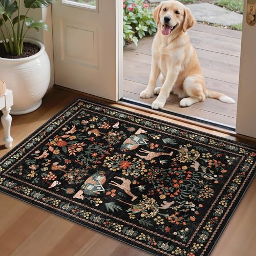 Black Rug Door Mat Indoor Entrance, 2x3 Rug Washable Boho Floral Botanical Animal Small Area Rug, Non-Slip Low Pile Throw Rugs for Kitchen Front Door Indoor Entrance Entry, Laundry, Bathroom - color: B#black (Animal), size: 2' x 3' (Rectangular)