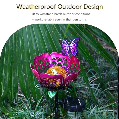 Solar Lights Outdoor Garden Decor, Metal Tulip & Butterfly Decoration Solar Lawn Lamp for Courtyard, Metal Flowers Outdoor Waterproof for Landscape Patio Yard Decor (Purple) - color: Purple