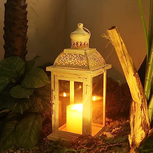 Lantern Decorative Indoor&Outdoor, 14.4'' Large Metal Candle Lanterns, Vintage Hanging Candle Holders Farmhouse Shelf Wedding Front Porch Patio Decor, Christmas Halloween Decorations for Home - color: Begie / 14.4’’h