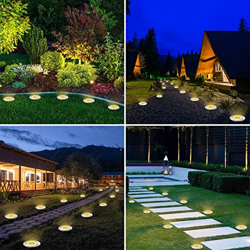 LYHOPE Solar Ground Lights Outdoor, 8 Pack 8 LED Solar Disk Lights Waterproof Garden In-ground Pathway Light Landscape Lighting for Lawn,Yard,Deck,Patio,Walkway (Warm White) - color: Warm White, size: 8 Pack