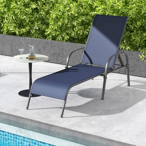 Giantex 2 Pack Patio Lounge Chair, Outdoor Chaise Lounge with 5 Adjustable Backrest, Sturdy Steel Frame, Sunbathing Recliner, Beach Chair, Tanning Chair for Outside, Yard, Balcony, Pool Chairs, Navy - color: Navy