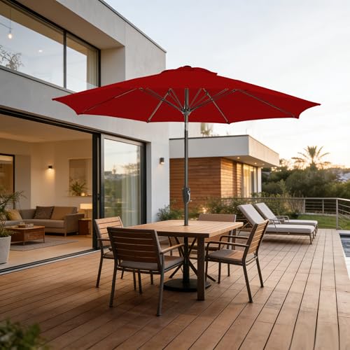 9FT Outdoor Patio Umbrella Outdoor pool Umbrella with Push Button Tilt and Crank, Market Umbrella 8 Sturdy Ribs UV Protection for Garden, Deck, Backyard (Red) - color: Red