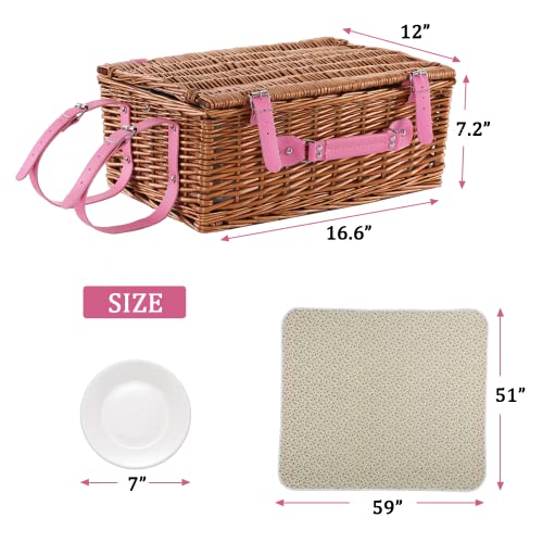 Wicker Picnic Basket for 4 with Waterproof Picnic Blanket and Insulated Cooler, Willow Hamper for Camping, Outdoors, Photoshoot, or a Birthday, Valentine’s Day, Wedding Gift, Pink - color: Pink Flower