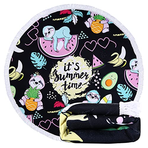 Benefeet Sox Beach Towel Large Round Mandala Pool Towels Tassels Microfiber Quick Dry Beach Blanket Throw Bohemian Roundie Swim Pool Circle Towel, 59 Inches - color: Cute Sloth, Tropial Fruits, Hawaiian Palm Tree