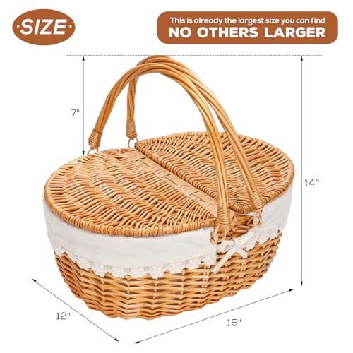 Wicker Picnic Basket with Removable Liner, Empty Picnic Baskets with Lid, Vintage-Style Picnic Hamper with Folding Woven Handle for Picnic, Camping, Outdoor, Halloween, Thanks Giving, Birthday (Cream) - color: Cream Liner W/Willow Lid
