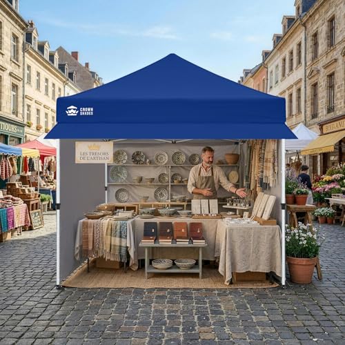 CROWN SHADES 10x10 Commercial Pop Up Canopy Tent with 4 Removable Sidewalls, 1 Extended Awning, 2 4" Wheels, 4 Sandbags, 4 Adjustable Heights for Outdoor Events, Parties, Blue - color: Blue
