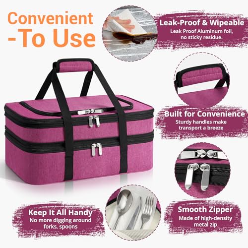 Insulated Double Casserole Carrier - Portable Casserole Carriers for Hot or Cold Food Lunch Tote Warmer or Cooler Bag for Potluck Parties Picnic Cookouts, Fits 9" x 13" Baking Dish - Pink - color: Pink