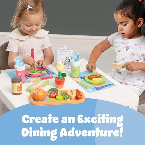 Bluey Toy Fruits and Vegetables for Toddlers, 32-Piece Pretend Food with Plates, Utensils, Baby Play Food & Wooden Toy Fun - style: Dine with Bluey