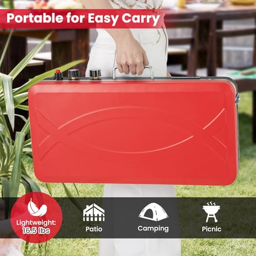 HAPPYGRILL Portable Camping Stove, 2-Burner Propane Grill Cooker with Removable Leg Stand, Roast Grill, Dual Control Knobs, Wind Guards, Outdoor Gas Grill for Camping BBQ Picnic, Red - color: Red