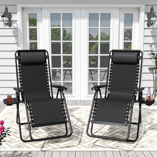 Set of 2 Adjustable Zero Gravity Lounge Chairs Outdoor Recliner w/Cup Holder Tray & Removable Pillows, Ergonomic Reclining Chair for Camping Patio Lawn Balcony (Black) - color: Black