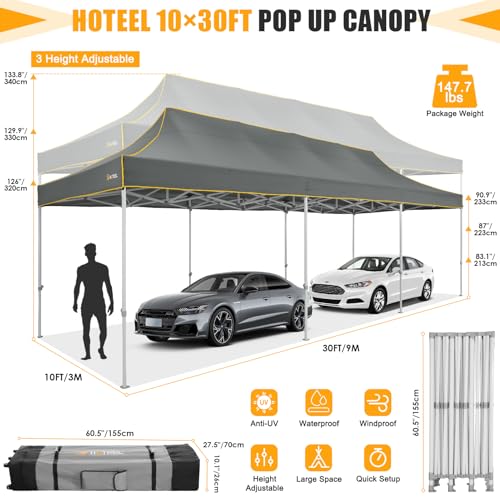 HOTEEL 10x30 Heavy Duty Pop Up Canopy Tent for Parties Event Wedding Commercial Instant Canopy with Wheeled Bag, Party Tent Waterproof UV 50+&Windproof, Upgraded Thick Hexagonal Legs, Gray - color: Gray, size: 10x30FT (No Walls)