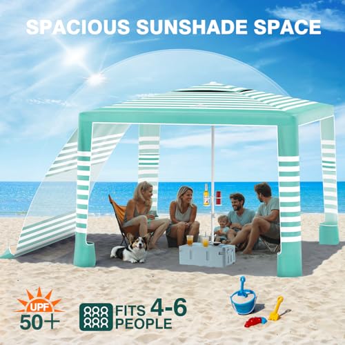 Rhino Valley Beach Cabana, 8 * 8FT Beach Tent UPF50+ Protection, Easy Setup Beach Canopy Wind Resistant with Cup Holder, Compact Beach Shade Foldable Beach Tent Sun Shelter, Green White - color: Green White