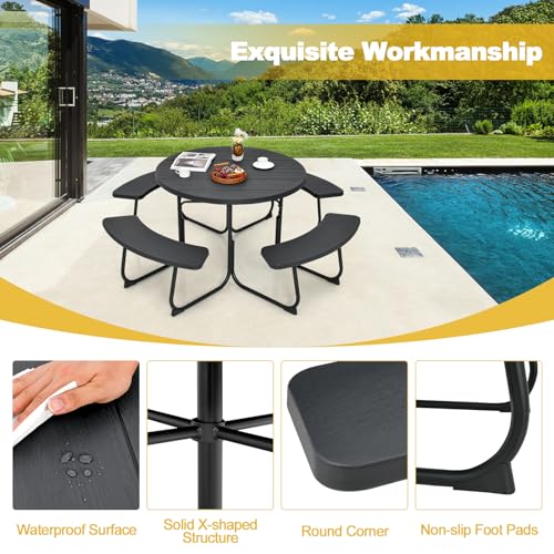 Tangkula 8 Person Picnic Table, Outdoor Round Picnic Table with 4 Built-in Benches, Umbrella Hole, Metal Frame & HDPE Tabletop, Outside Table and Bench Set for Backyard, 2300lbs Weight Capacity - color: Black