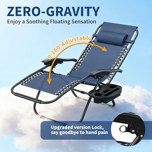 Garvee Zero Gravity Chair Set of 2, Patio Lounge Chair Outdoor with Pillow & Cup Holder Tray, Adjustable Reclining Chair, Folding Portable Camping Chair for Deck, Beach, Yard, Garden - Navy Blue - color: Navy Blue