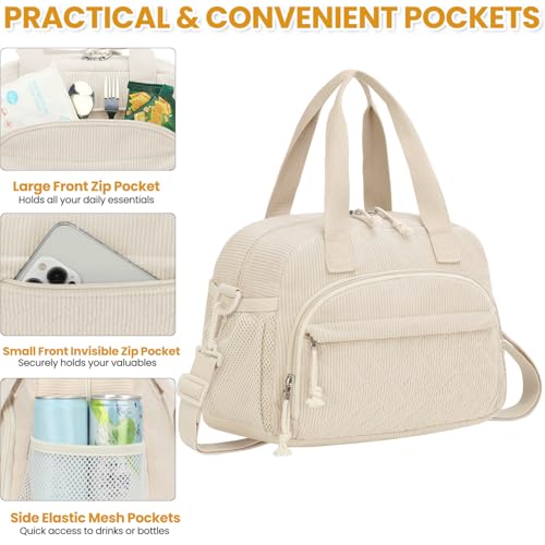 ELONGRIVER Corduroy Insulated Lunch Bag for Women Teen Girls, Portable Adult Lunch Box, Reusable Tote Cooler Bags, Lightweight Womens Lunch Bags with Front Pockets for Work School Picnic Travel, Beige - color: Beige