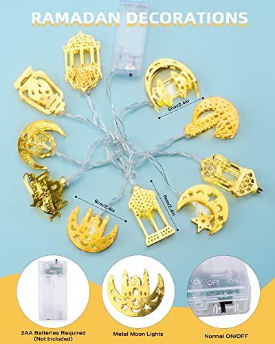 Ramadan Decorations, 10 LEDs Eid Moon Star Kerosene Lantern Lamp 5.41 Feet, Mubarak Moon String Lights, Battery Operated, Ramadan Decorations for Home 2024 Eid Mubarak (Warm White Color) مصباح رمضان - style: Art Deco
