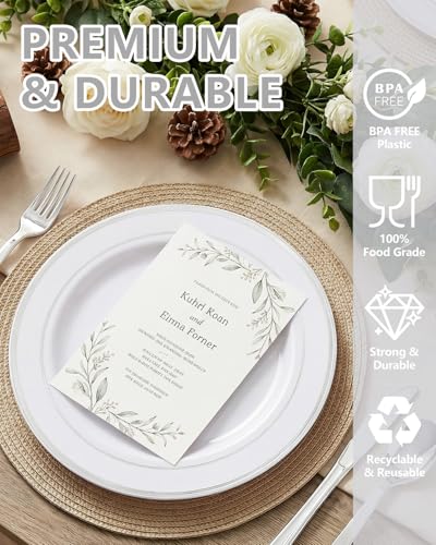GATHER 700PCS Silver Plastic Plates - Silver Disposable Dinnerware Sets 100 Guest Include 200 Plates, 300 Silverware, 100 Napkins, 100 Cups For Wedding & Party - color: Silver, size: 100 Guests