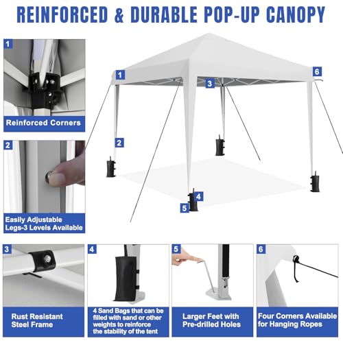 Yesker 10x10 Pop Up Canopy Tent UPF 50+ Waterproof Outdoor Canopy Portable Folding Easy Setup Gazebo Adjustable Height Instant Sun Shade Tent with Wheeled Bag for Events Parties Camping Patio, White - size: 10x10FT White