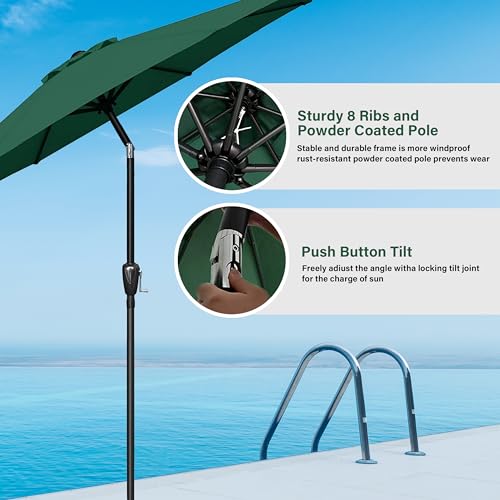 HealSmart 9ft Patio Umbrella with Push Button Tilt/Crank, Outdoor Table Market Yard Umbrella with 8 Sturdy Ribs for Garden, Backyard, Deck, Pool, Green - color: Green, size: 9FT
