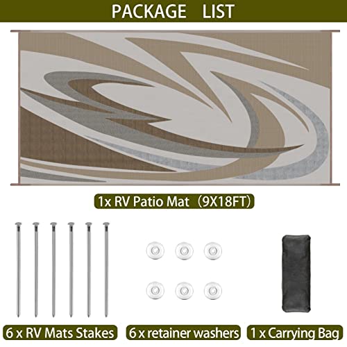 EEZ RV Products 9'x18'BWW Heavy Duty Reversible/Durable Outdoor Patio/RV Mats - Perfect for RVing (9ft x18ft Brown) Come with Large Storage Bag & 6 Sets of Stakes and Washer - color: Brown, size: 9' x 18' (Rectangular)