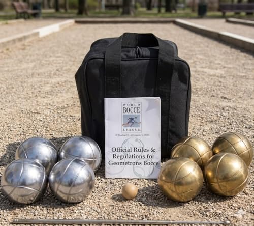 BuyBocceBalls Listing - Unique 73mm Petanque/Bocce Pack - with Mix of 8 Gold/Silver Balls, Black Nylon case, Rule Book and extendable Measuring Device