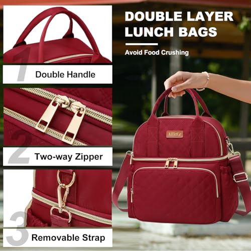AIJIEKE Large Insulated Lunch Bag for Women, Double Compartment Leakproof Lunch Box for Work Office, Reusable Cooler Tote with Adjustable Strap & Side Pockets for Adults Picnic Beach, Red - color: Red