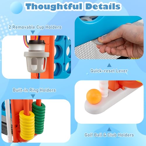 Costzon Giant 4-in-A-Row Connect Game, Height Adjustable 4-in-1 Jumbo 4-to-Score Yard Game with Golf, Ring Toss, Basketball, Cup Holder & Mesh Net, Indoor Outdoor Game for Kids Adults Family Party - color: Blue/Orange