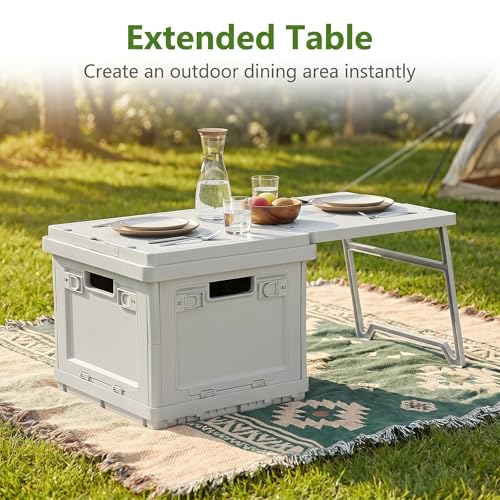 2 in 1 Foldable Camping Storage Box with Extendable Table, 26L Collapsible Plastic Storage Bin with Handle, Stackable Waterproof Storage Crate for Camping Picnic Outdoor RV Home Organization