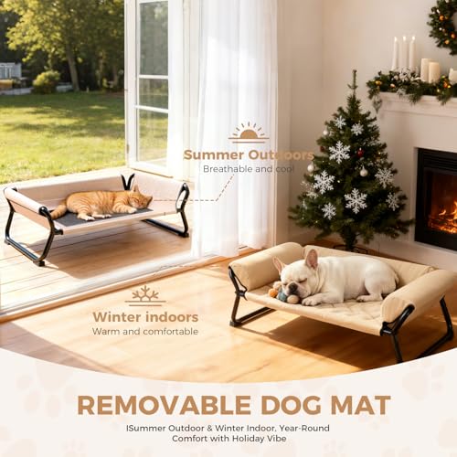 Lekereise Cooling Elevated Outdoor Dog Bed Cot + Orthopedic Indoor Small Dog Sofa Bed, Washable Cover & Sturdy X-Frame, 37x21.5inches, Medium, Beige