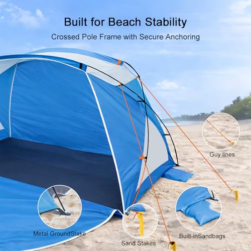 Beach Tent Sun Shelter with UPF 50+ UV Protection, Dual Door Design for Better Ventilation, Easy Setup Portable Beach Shade Canopy with Carrying Bag for Beach, Camping, Fishing and Outdoor Travel - color: Blue-Dual Door, size: Spacious 4-Person