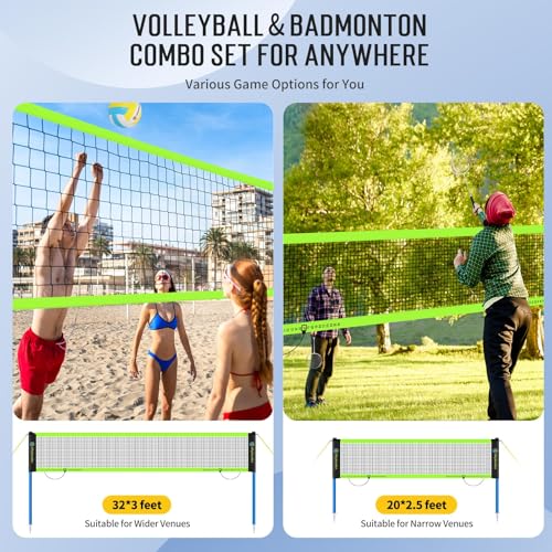Portable Volleyball & Badminton Combo Net Set for Backyard Beach with 2 Nets (20ft and 32ft), Adjustable Poles, PU Volleyball, Aluminum Rackets and Carry Bag, Quick Setup & Durable - color: Black