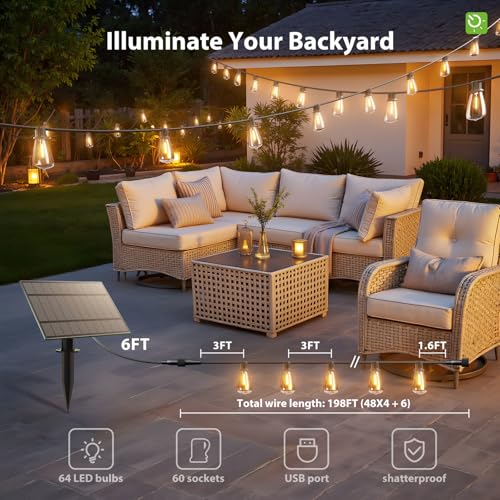 KYY 198FT(192+6) Solar String Lights Outdoor Waterproof with USB Charging & Remote, Dimmable & Timable, Solar Powered Patio Lights with LED Shatterproof Bulbs for Deck Backyard Porch Garden Camping - size: 192+6FT(60 Sockets)