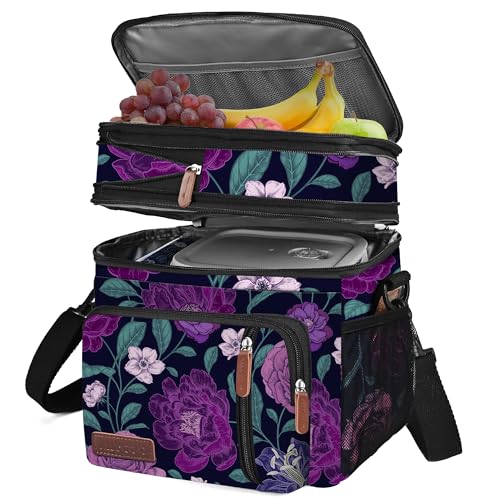MIYCOO Lunch Bag & Lunch Box for Women Men, Double Deck Leakproof Insulated Soft Large Adult Camping Cooler bag for Work, Beach, Picnic, Travel (Purple Flower, 15L) - color: Purple Flower